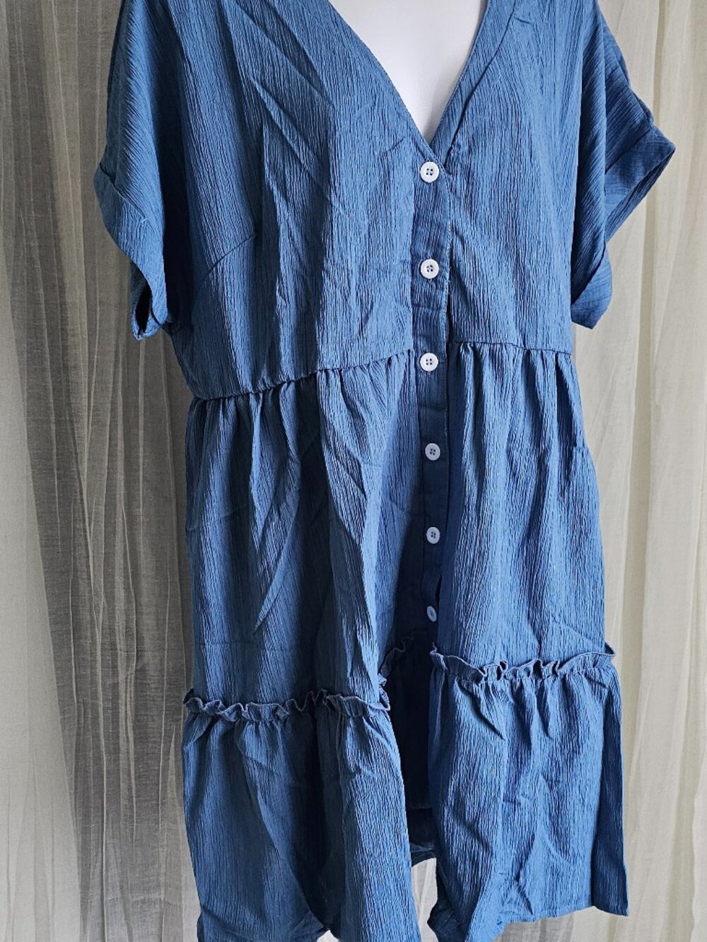 Women's Button Down Ruffle Mini Dress Blue Size 1XL NEW